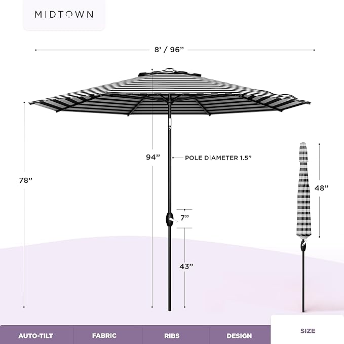 Midtown Umbrellas – The Lean 8 Ft Patio Umbrella with 10-Year-No-Fade Acrylast Acrylic Fabric, Auto-Tilt and 8 Reinforced Ribs for Deck, Pool, Garden, Hotel & Cafes – Urban Stripes Canopy, Black Pole