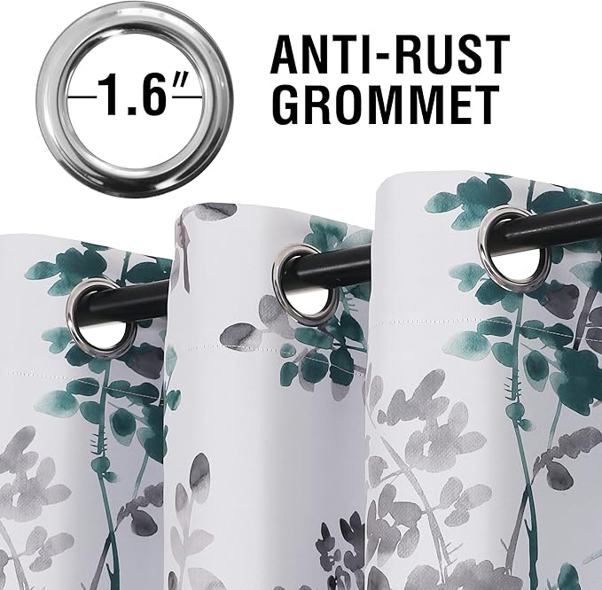 H.VERSAILTEX Room Darkening Curtains 63 Inches Long 2 Panels Floral Curtains and Drapes for Bedroom Light Blocking Thermal Insulated Grommet Window Curtains for Living Room, 2 Panels, Grey and Teal