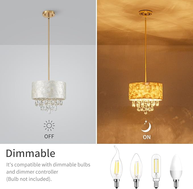 Small 3-Light Drum Capiz Shell Crystal Chandelier, Coastal Style Pendant Light Fixture for Dining Room, Living Room, D12 x H19~49"(Adjustable), Shell Lampshade & Gold Finish