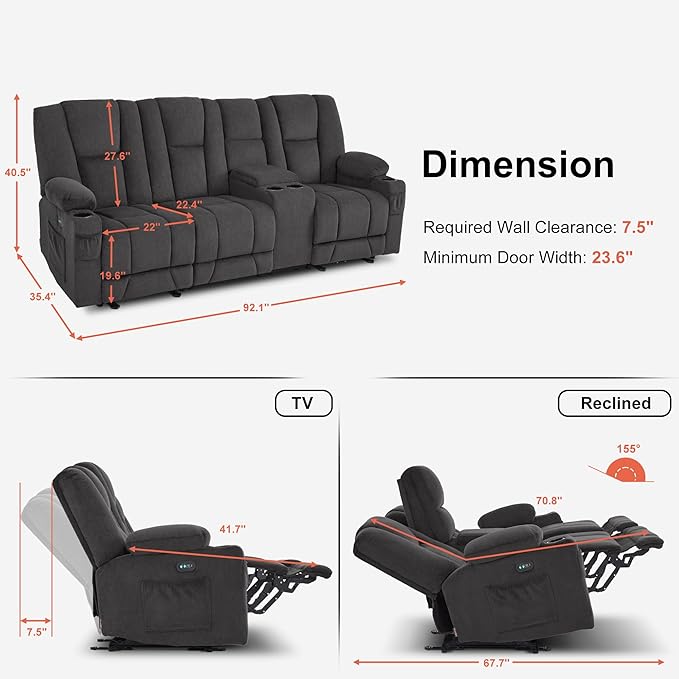 MCombo Zero Gravity 3 Seater Power Reclining Sofa with Console, Heat and Vibration Massage, Recliner Couch for Living Room, Fabric 6035SET (Grey, 3 Seater with Console)
