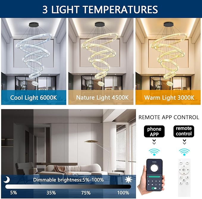 Large Ring Chandelier Modern Crystal Chandeliers for High Ceiling Round LED Dimmable Ceiling Light Fixture for Foyer Long Stair Black 8''+16''+24''+32''+40''+47''