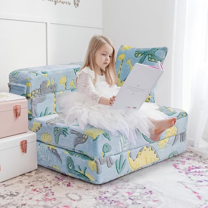 MeMoreCool Glow Dinosaur Tri-fold Sofa Bed for Kids, Foldable Futon Mattress and Chair, Convertible Floor Couch for Playroom