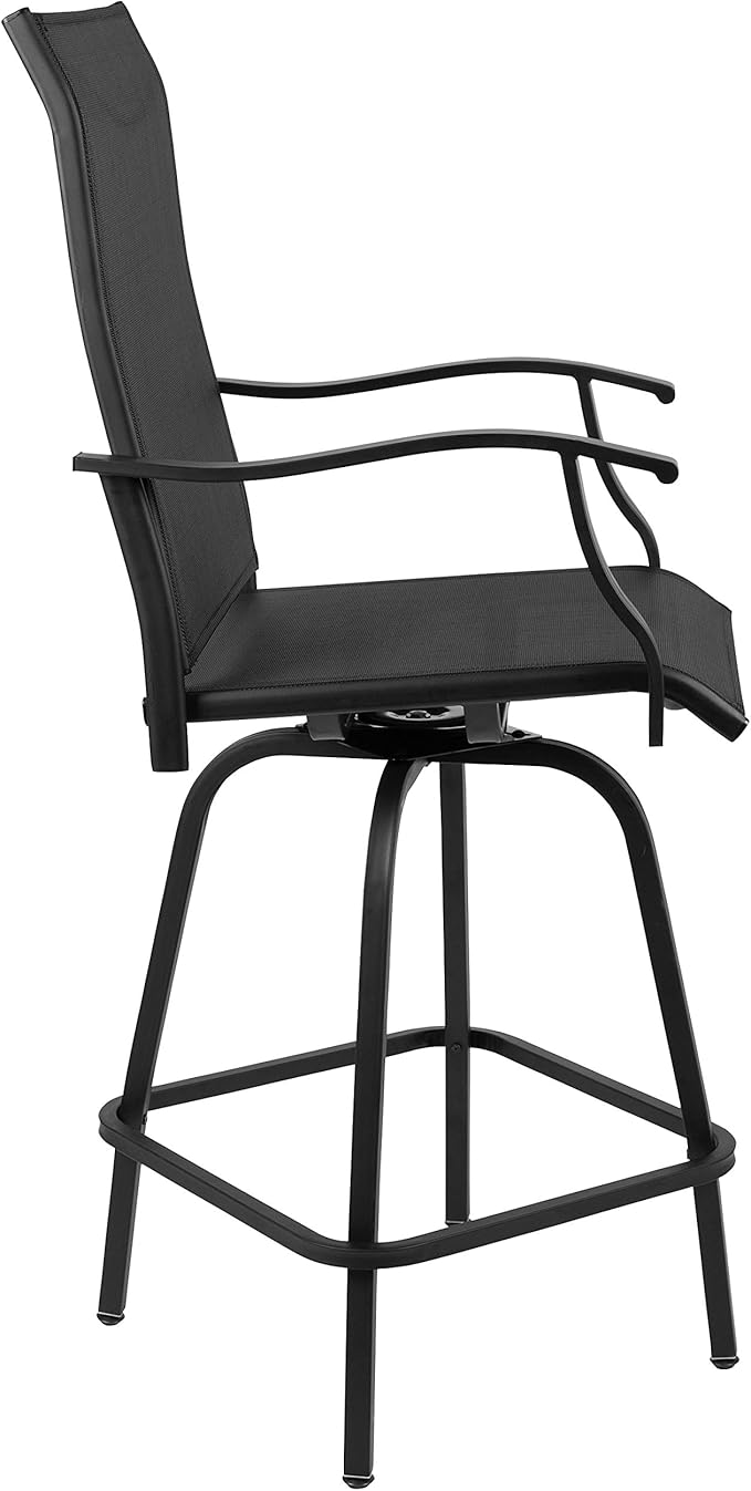 Flash Furniture Valerie All-Weather Swivel Patio Barstools with Footrest and Armrests, Modern Sling Outdoor Bar Height Stools, Set of 2, Black