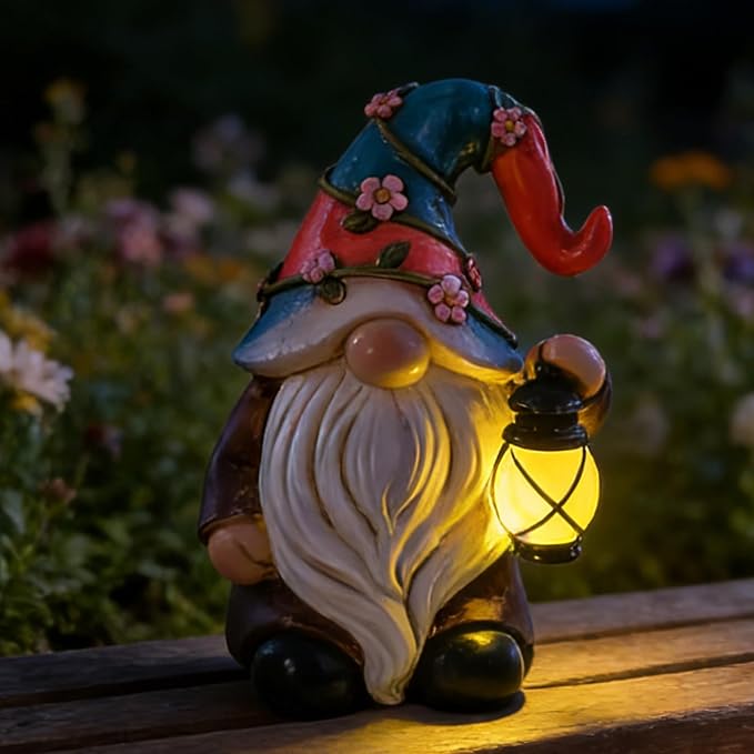 Garden Gnomes Statues with Solar LED Light - Mini 4.9 inch Gnome Sculptures for Porch Balcony Patio Yard Lawn Balcony Home Decor Mother's Day Birthday Gifts for Women