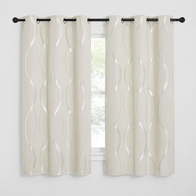 NICETOWN Bedroom Curtains Small Blackout Panels, Window Treatment Thermal Insulated Solid Grommet Blackout Wave Line Foil Print Design Curtains for Kitchen, Cafe, Loft (Beige, Set of 2, 42 by 63 Inch)