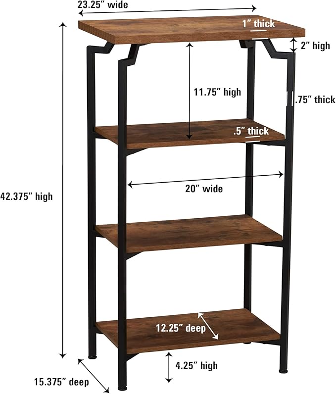 Household Essentials Crown Narrow 4 Shelf Open Storage Bookshelf Rustic Hickory Wood Grain and Black Metal