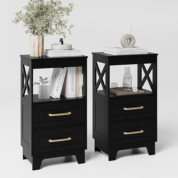 Tall Nightstand Set of 2 Side Table with 2 Drawers Modern Night Stand Wooden End Table Bedside Table with Upper Open Shelf Solid Feet for Bedroom Black