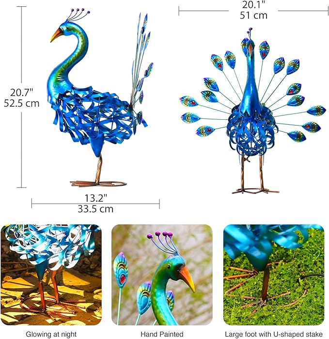 Goodeco Solar Peacock Statue Garden Decor - 20.7 Inch Stunning Metal Peacock Yard Art with Lighted Lamp - Perfect Peacock Gifts for Women, Ornaments & More, LD6020304