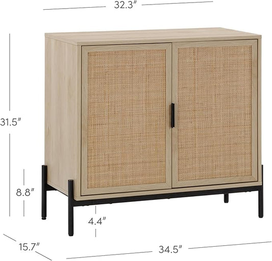 Nathan James Andrew Bohemian TV Stand or Kitchen Sideboard Credenza, Rattan Accent Cabinet with Metal Legs, Light Oak/Matte Black, Set of 2