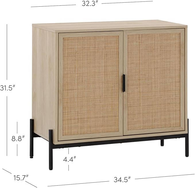 Nathan James Andrew Bohemian Entryway Storage Cabinet or Kitchen Sideboard Credenza, Rattan Accent Cabinet with Metal Legs, Light Oak/Matte Black