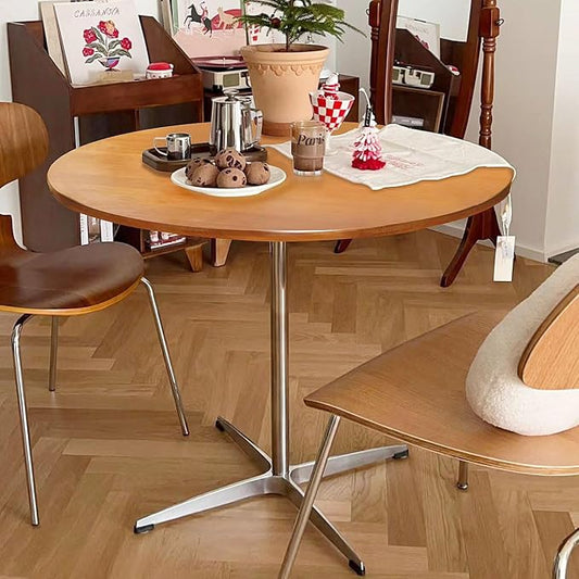 Round Modern Solid Wood Dining Table Dining Furniture with Crossed Metal Base, Brown Wood Small Table for Office Small Coffee Table for 4-6, 31.5inch Wide