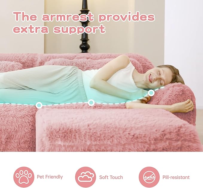 80.4-Inch Boneless Love Seat Couches in a Box, Modern 2 Seat Floor Modular Foam Cloud Sofa Faux Fur Loveseat Couch W/Angle Armrests for Home Apartments Bedroom