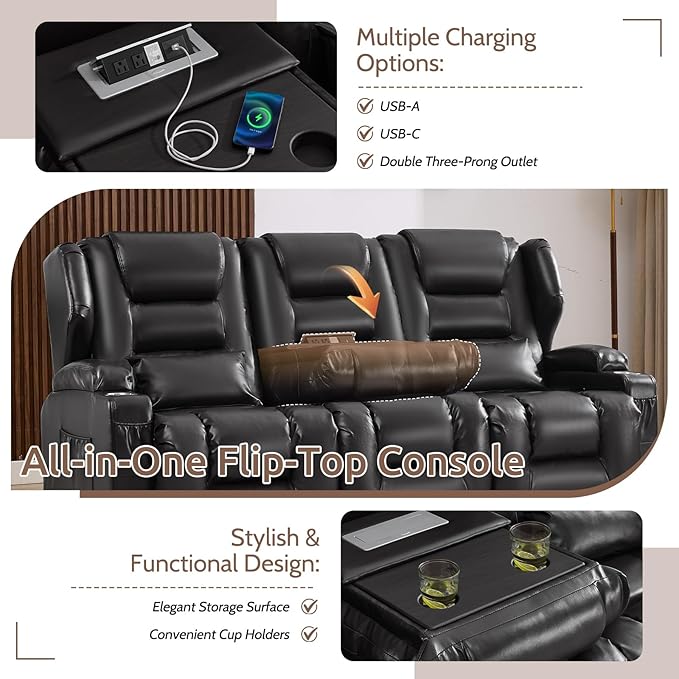 SAMERY Power Loveseat Recliner Sofa, Wall Hugger Reclining Loveseat Sofa, Movie Home Theater Seating with Flip-Backrest, Solid Wood Top, Ambient LED Lights, USB-C, Outlets, Faux Leather, Black | Extra Wide Seat