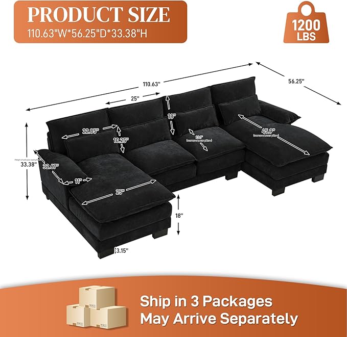 ONEMMLION U Shape Cloud Couch Sectional Sofa for Living Room, 110" Modern Chenille Comfy Cloud Sofa, 4 Seat Upholstered Modular Sofa with Memory Foam & Double Chaise, Jet Black