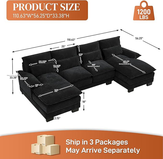 ONEMMLION U Shape Cloud Couch Sectional Sofa for Living Room, 110" Modern Chenille Comfy Cloud Sofa, 4 Seat Upholstered Modular Sofa with Memory Foam & Double Chaise, Jet Black