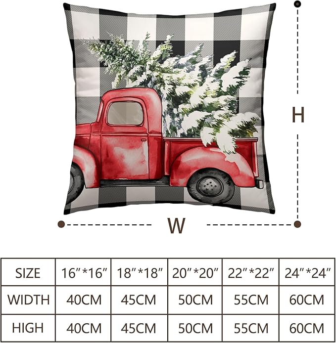 Christmas Pillow Covers 22 x 22 Set of 2 Buffalo Plaid Throw Pillow Cases Christmas Tree Red Truck Cushion Cover Xmas Black and White Check Pillow Cover for Outdoor Couch Patio Decor