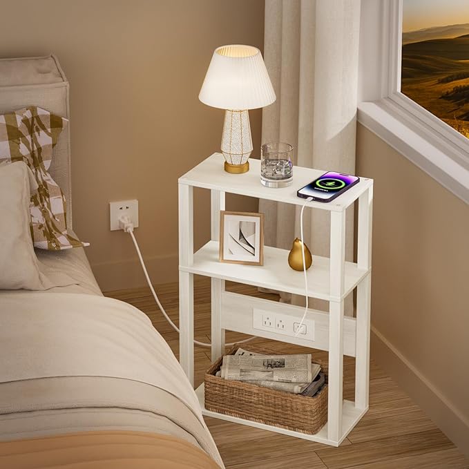 3-Tier Small Narrow Wood Side Table with Charging Station, Skinny Nightstand for Small Space, Slim Bedside Table with Storage for Couch, Thin End Table with USB Ports and Outlets, Grey White