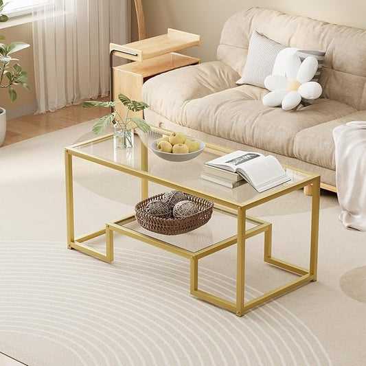 Coffee Table Gold Glass Coffee Table for Living Room,2 Tiers Rectangle Center Table with Sturdy Metal Frame,Modern Tempered Glass Accent Table for Bedroom Home Office