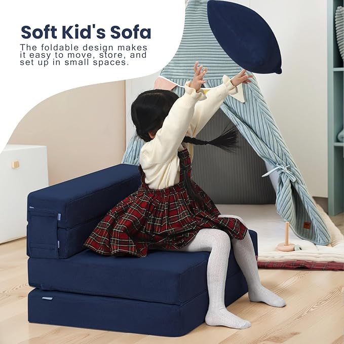 MeMoreCool Foldable Futon Chair Bed for Kids, Toddler Sofa Mattress, Convertible Foam Floor Couch, Tri-fold Sleeping Mattress (Navy)