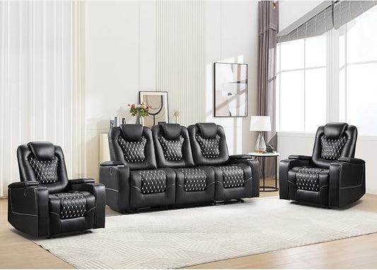 ANJ 3PCS Power Recliner Sofa Set with 1 Recliner, 2 Seater Loveseat and 3 Seater Sofa, Electric Reclining PU Leather Living Room Furniture with USB Ports, Cup Holders and Hidden Arm Storage, Black