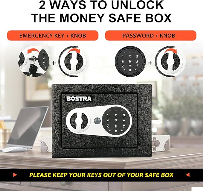 Bostra Fireproof Safe Box with Sensor Light & Fireproof Bag, Money Safe Box with Digital Keypad,Security Safe Box for Home, 0.23 Cubic Small Safe with Keys & Pass Code for Cash Jewelry Silver