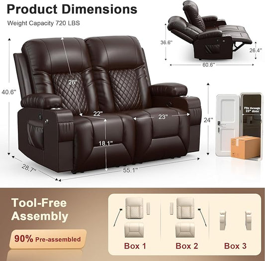 FURNIMAT Loveseat Recliner Sofa, 2 Seater Reclining Loveseat Sofa, PU Leather RV Loveseat Couch, Recliner Chair for Living Room, with Cup Holder and 2 Cell Phone Holder, USB Ports, Brown