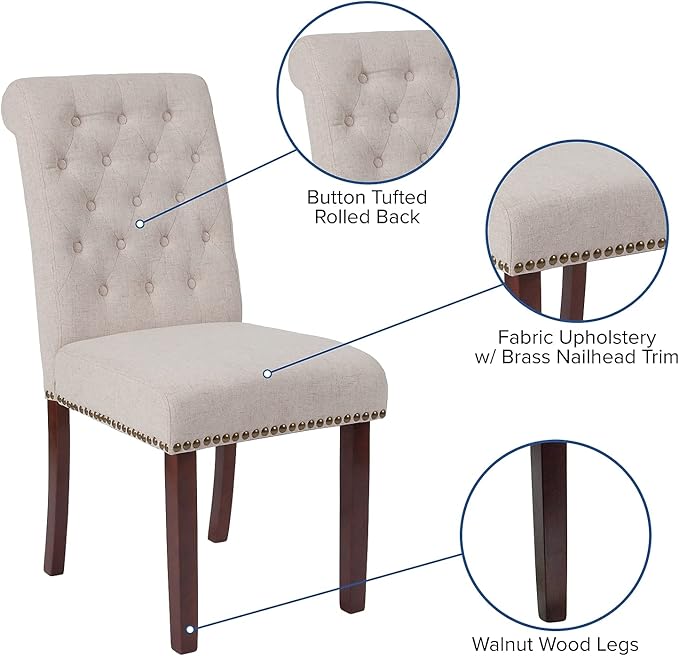 Flash Furniture HERCULES Series Beige Fabric Parsons Chair with Rolled Back, Accent Nail Trim and Walnut Finish