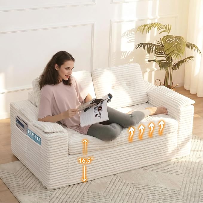 Boneless Loveseat, 2 Seater Deep Seat Loveseat Sofa with Wide‑Wale Corduroy for Small Spaces & Living Room, 60” Width, No Assembly, Washable Cover, Beige