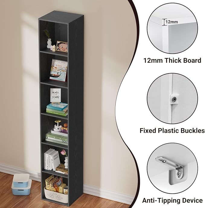 6 Tier Bookshelf, Open Tall Narrow Floor Standing Bookcase, Storage Organizer Bookshelves Freestanding Book Shelf for Living Room, Bedroom, Home Office (Black, 6 Cube)