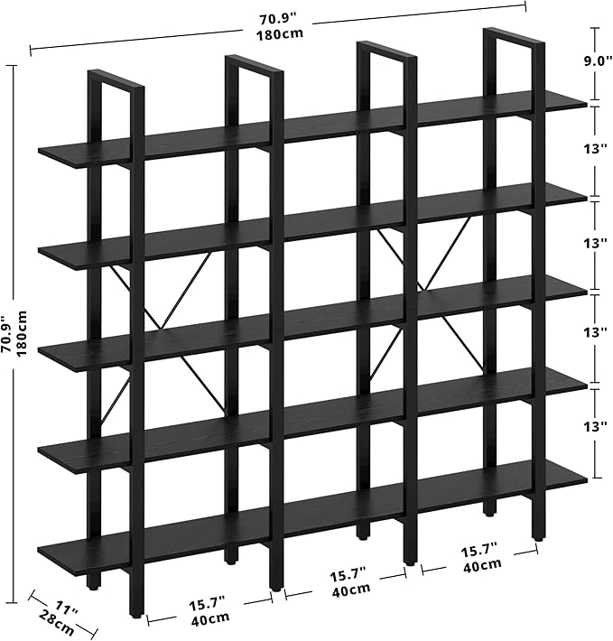 IRONCK Bookshelves Triple Wide 5 Tiers Large Open Shelves, Display Shelf with Back Fence for Home Office Decor, Easy Assembly, Vintage Black