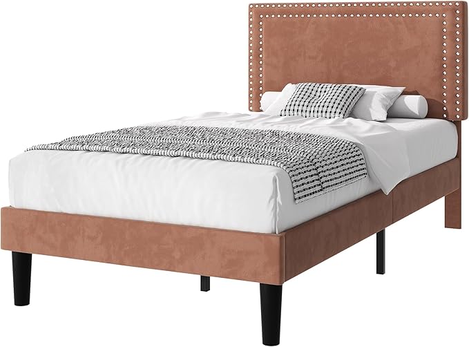 VECELO Platform Bed Frame Twin Size with Adjustable Upholstered Headboard, Strong Wood Slat Support, No Box Spring Needed, Easy Assembly