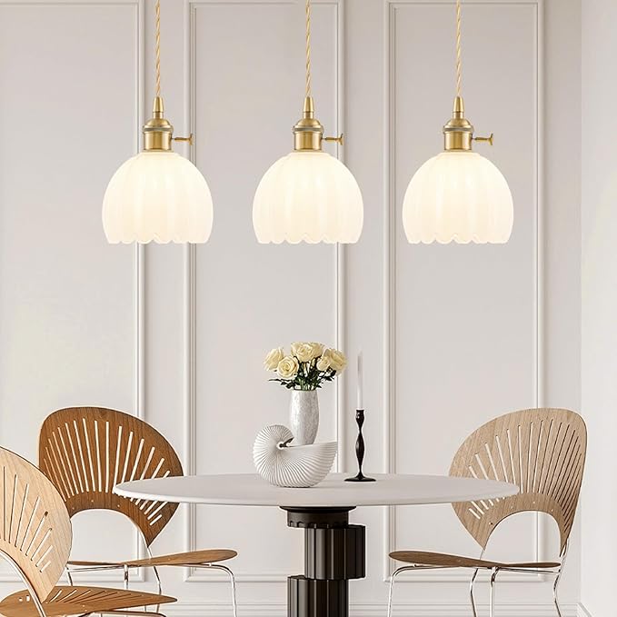 Mini Pendant Lights Kitchen island 2 Pack, Small Adjustable Pendant Light Fixture with Milk White Tulip Glass Lampshade, Vintage Gold Pendant Lighting, Pendant Light for Bedroom Dining Room Hallway
