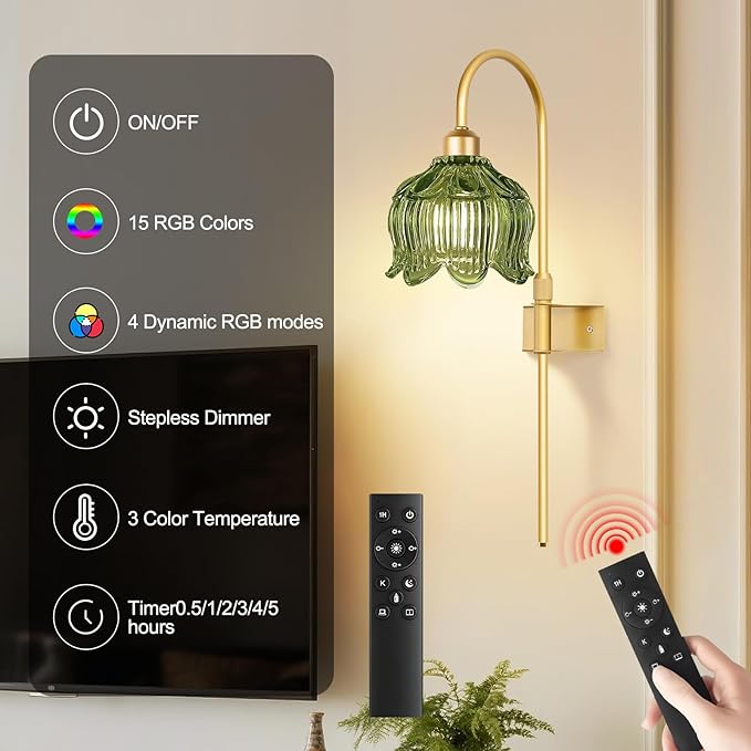 Glass Battery Operated Wall Sconces Set of Two,Wireless Flower Battery Wall Light with 5000mAh RGB Dimmable Bulb and Remote, Rechargeable Wall Lamp Sconce for Bedroom Living Room Hallway