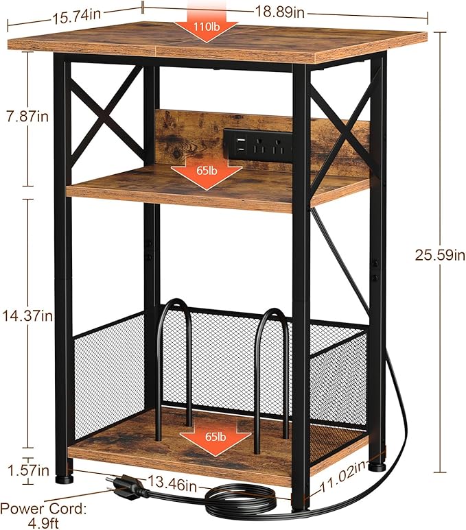 AMHANCIBLE Record Player Stand with Charging Station, Large Turntable Stand with Storage Cabinet, 3 Tier End Table Hold Up to 100 Albums, Record Stand for Vinyl, Living Room, Brown, HETCD012BR-1