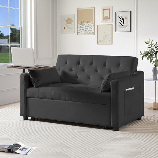 Yafylly 3 in 1 Loveseat Sleeper, 3-Level Adjustable Backrest Convertible Sofa Bed, Pull Out Couch with 360° Rotating Side Table for Living Room, Apartment, Bedroom, Black