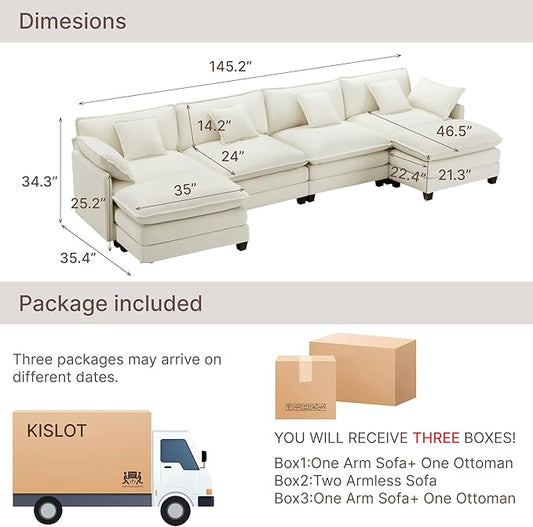 KISLOT 157" Oversized Modular Sectional Sofa,U-Shaped Cloud Couch with Movable Ottoman,Thick Cushions,6 Deep Seats with 6 Throw Pillows Sofa Couch Set for Living Room, Bedroom | Wood Frame