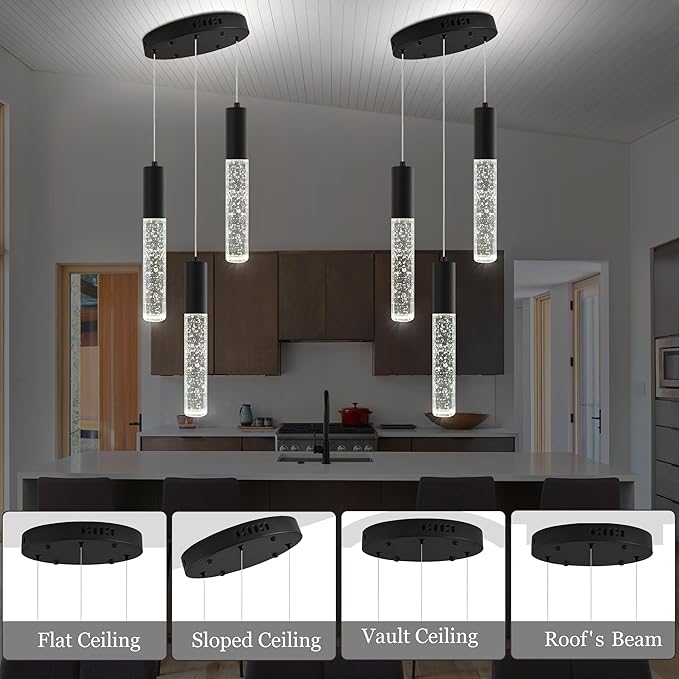 Modern Crystal Chandelier for Kitchen Island 3-Lights, Elegant Black LED Bubble Pendant Lighting Fixture for Dining Room Bedroom Entryway