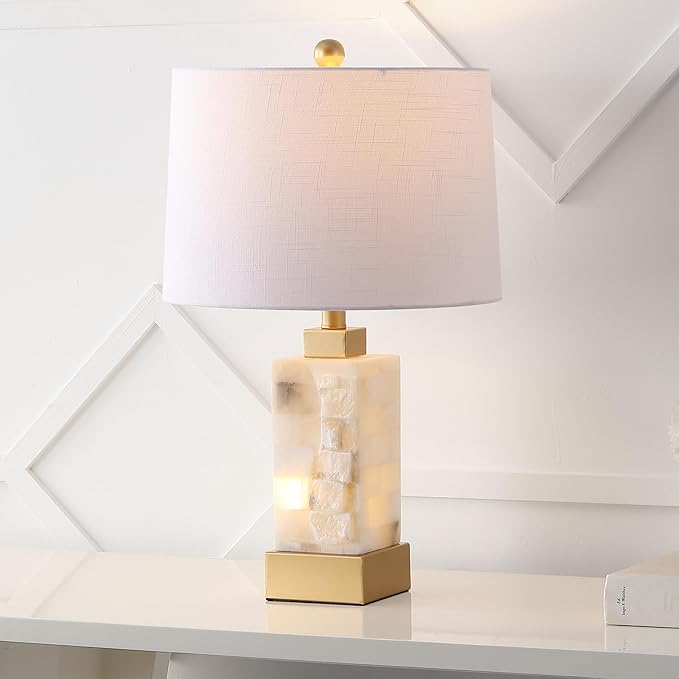 JONATHAN Y 23" Gold/White 2-Light Alabaster and Metal LED Table Lamp, Coastal Glam Modern Bedside Lamp with Nightlight Base and Linen Shade, LED Bulbs Included JYL6202A