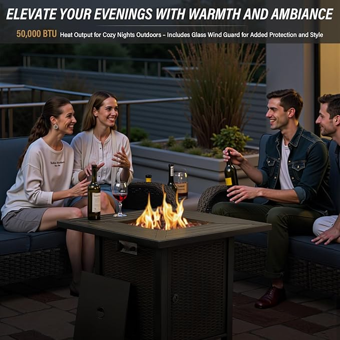 5 Pieces Patio Furniture Set with 50000 BTU Propane Fire Pit Table, All-Weather Patio Rocking Chairs, Loveseat Glider and Side Table for Outdoor Conversation Deck Backyard Poolside