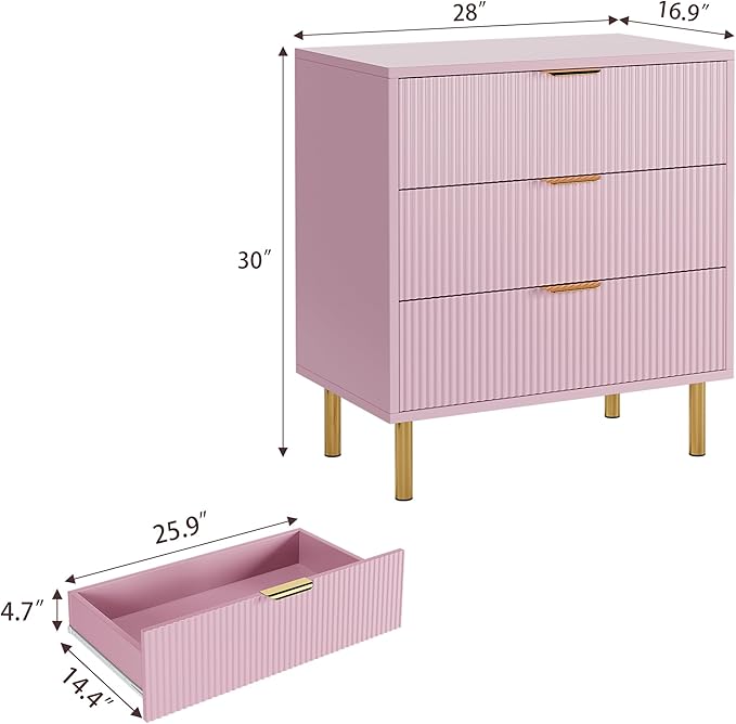 IDEALHOUSE Pink Dresser, Modern 3 Drawer Dresser for Bedroom with Gold Handle and Large Drawer, Wood Double Chest of Drawers and Storage Organizer for Living Room, Hallway, Entryway