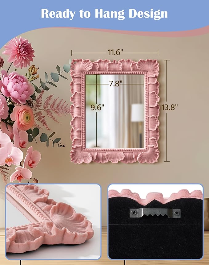 Cute Wall Mirror for Small Apartment Decor Aesthetic, with Velvet-Like Touch, 14x12 Girl Teens Bedroom Mirror for Makeup Gallery Wall Art, Gift for Birthday Graduation Baby Shower (Soft Pink)