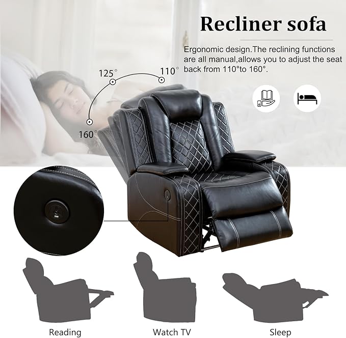 Air Leather Recliner Loveseat with Cup Holder&Storage Console, Reclining Couch for RV Living Room Home Theater (Black)