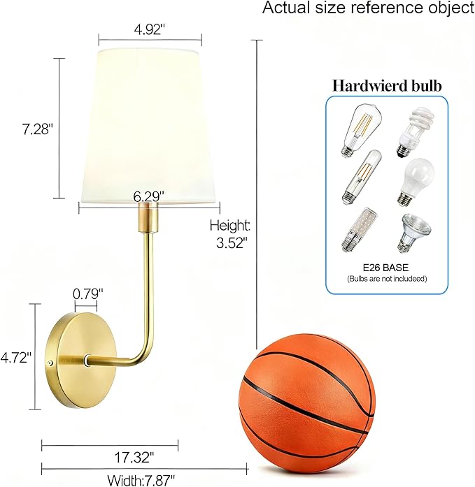 Antique Brass Big Wall Sconces, Set of 2 Hardwired Vintage Industrial Wall Lights with Fabric Shade, E26 Socket, for Bedroom, Living Room, Farmhouse, Kitchen, Porch (Bulbs Not Included)