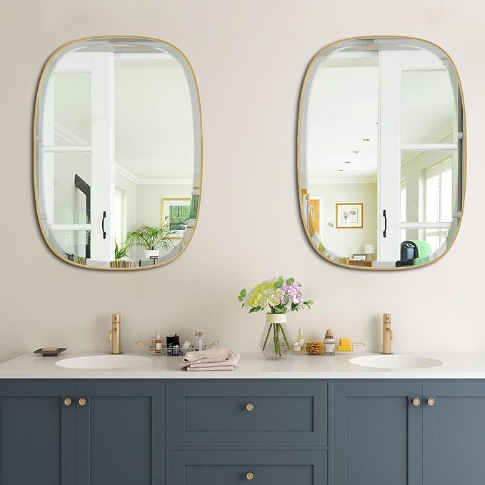 POZINO Bathroom Beveled Mirror, 24"x32" Brushed Gold Mirrors for Over Sink, Brass Rounded Rectangle Mirrors, Modern Vanity Wall Mirror in Premium Stainless Steel Frame, Horizontal or Vertical Hanging