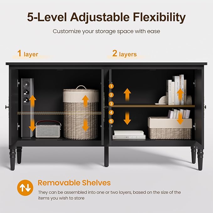Console Table, 58'' Mid Century Modern Pantry Cabinet, Wood Buffet Sideboard, Media Credenza with 4 Doors, Accent Storage for Entryway, Living Room, Bedroom, Dining Room (Black)