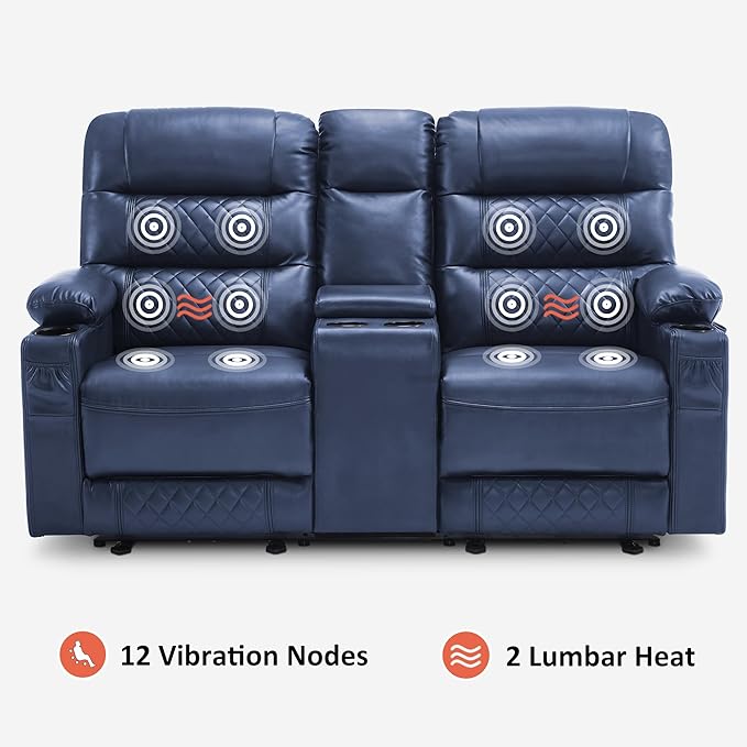 MCombo Zero Gravity Power Loveseat Recliner with Console, Heat and Vibration Massage, Reclining Loveseat Sofa with USB Ports, Cup Holders for Living Room, Faux Leather PR622Sets (Navy Blue)