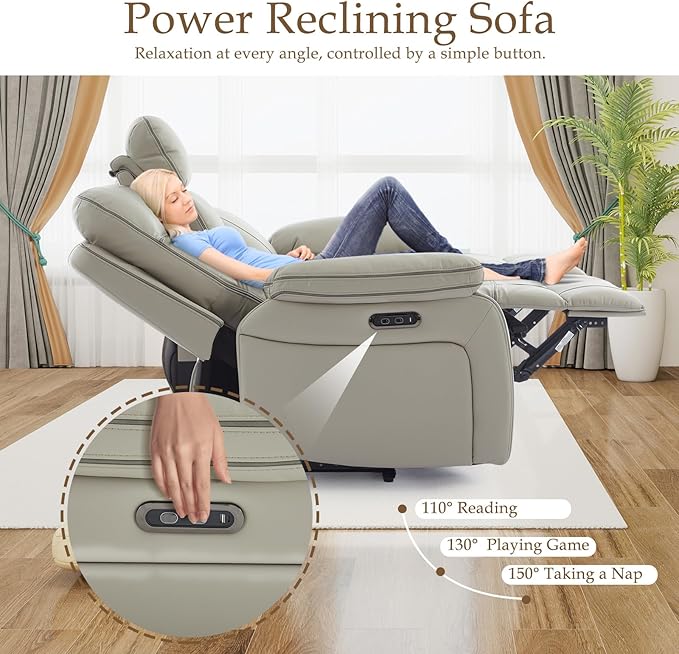Power Reclining Sofa with Fold Down Table, Breathable Leather Electric Reclining Couch, Power Loveseat Recliner Sofa with Cup Holders/Outlets/USB-C/A Ports for Living Room(Grey, 3 Seat)