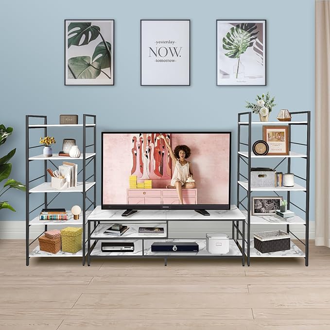 AT-VALY TV Stand for 55-75 inch TVs, Metal&MDF TV Stand with 3-Tier Storage Shelves for Living Room, Entertainment Center with Storage Cabinets (Black)
