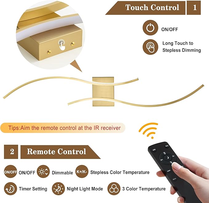 Battery Operated Wall Sconces Set of Two with Remote Control, Battery Wall Light, Stepless Colors 3000K-6000K & Dimming, Brass Rechargeable Wall Sconces for Living Room, Hallway, Bedroom, 39.3 Inch
