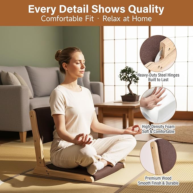 Tiita Foldable Tatami Chair, Japanese Floor Chair, Wood Legless Back Rest Chairs with Cushion, Accent Meditation Floor Chairs Bay Window, Wood Brown